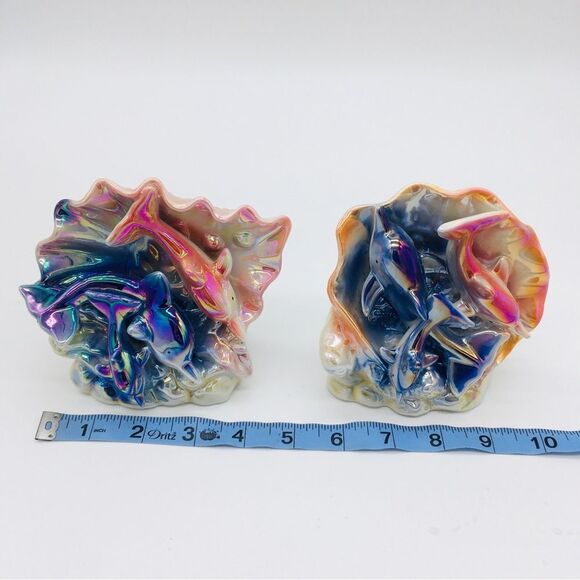 Vintage Pair Luster Dolphins Ceramic Iridescent Pearl Seashell Figurines - Picture 9 of 9
